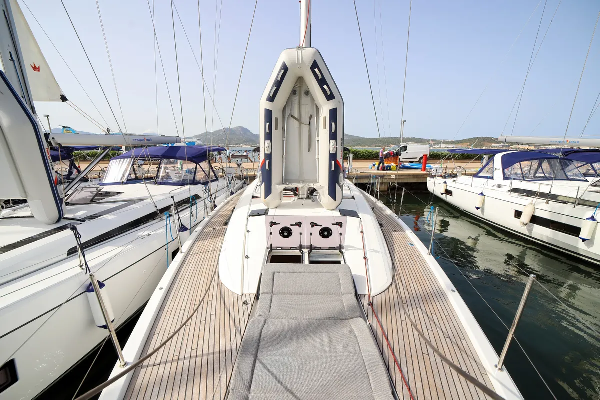 Deck of Eleutheria, a Jeanneau 54 sailboat at Olbia, Italy