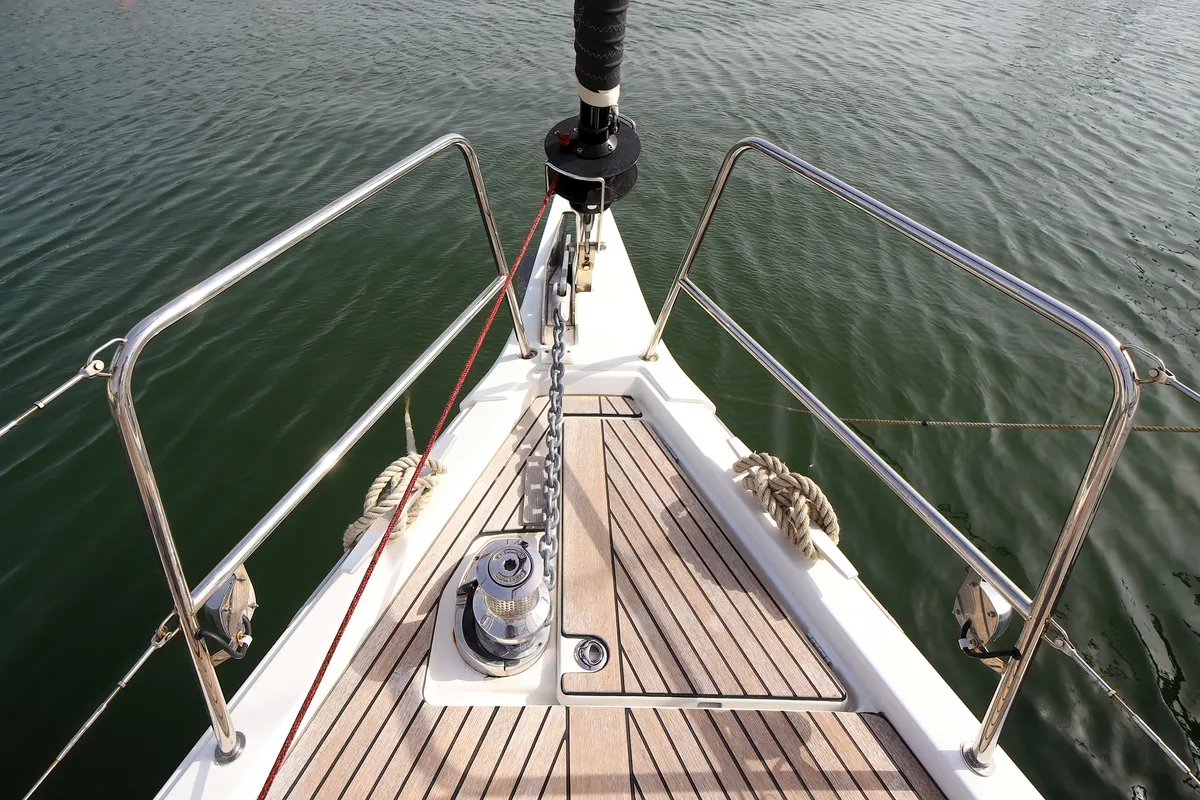 Deck of Eleutheria, a Jeanneau 54 sailboat at Olbia, Italy