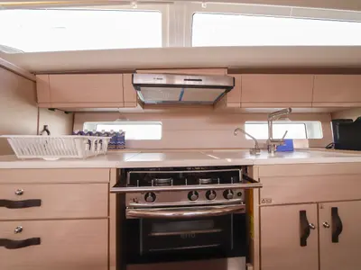 Galley of Eleutheria, a Jeanneau 54 sailboat at Olbia, Italy