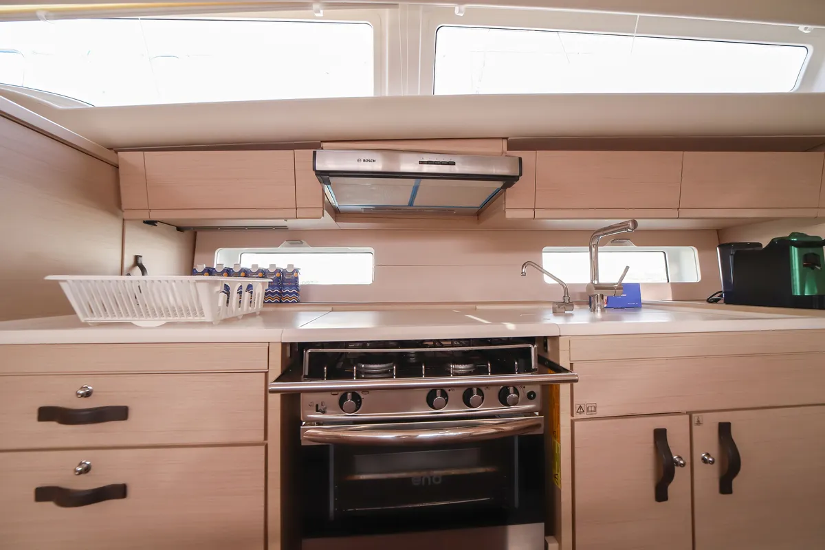 Galley of Eleutheria, a Jeanneau 54 sailboat at Olbia, Italy