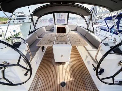 Cockpit of Eleutheria, a Jeanneau 54 sailboat at Olbia, Italy