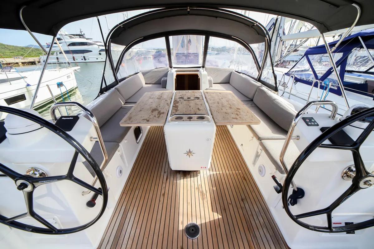 Cockpit of Eleutheria, a Jeanneau 54 sailboat at Olbia, Italy