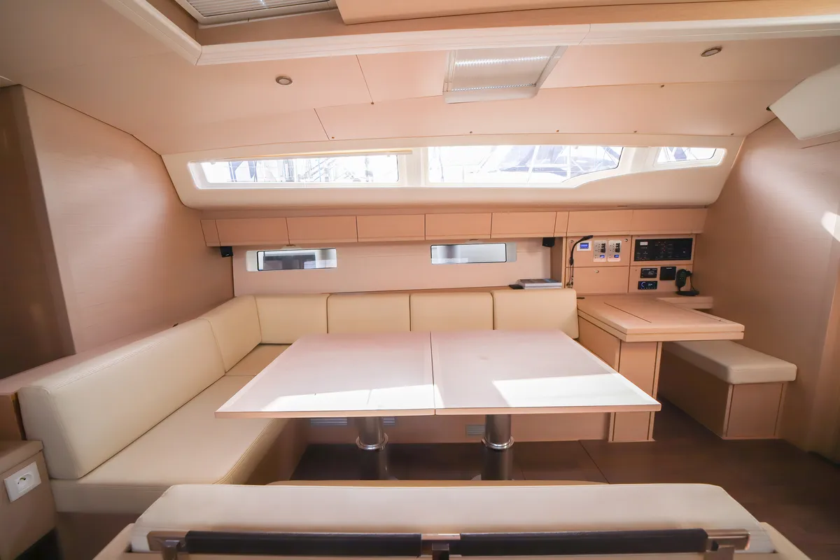 Salon of Eleutheria, a Jeanneau 54 sailboat at Olbia, Italy