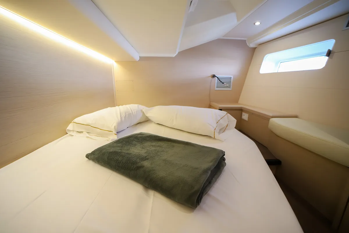 Cabin on Eleutheria, a Jeanneau 54 sailboat at Olbia, Italy