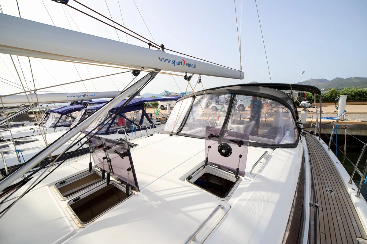 Deck of Eleutheria, a Jeanneau 54 sailboat at Olbia, Italy