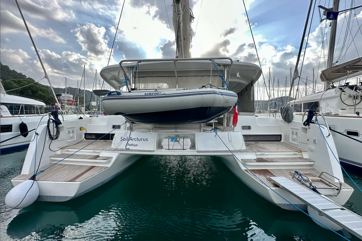 Exterior view of Sail Arcturus, a Lagoon 42 catamaran at Fethiye, Turkey