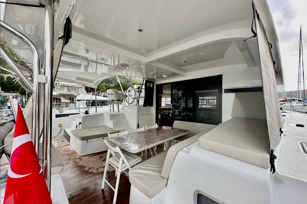 Deck of Sail Arcturus, a Lagoon 42 catamaran at Fethiye, Turkey