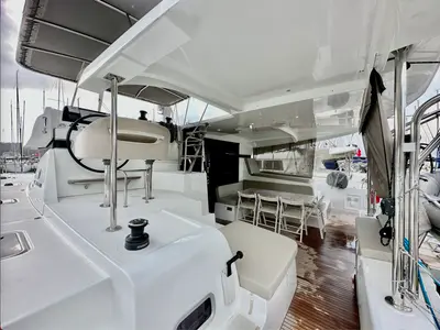Deck of Sail Arcturus, a Lagoon 42 catamaran at Fethiye, Turkey