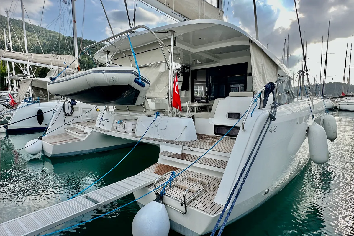 Exterior view of Sail Arcturus, a Lagoon 42 catamaran at Fethiye, Turkey