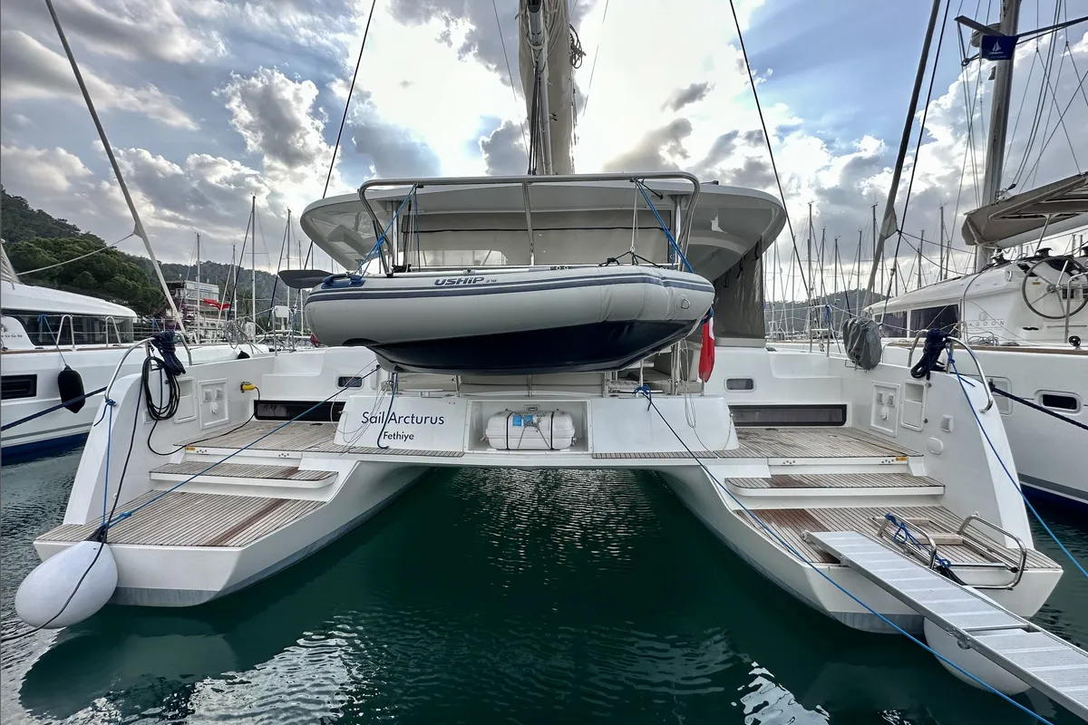 Exterior view of Sail Arcturus, a Lagoon 42 catamaran at Fethiye, Turkey