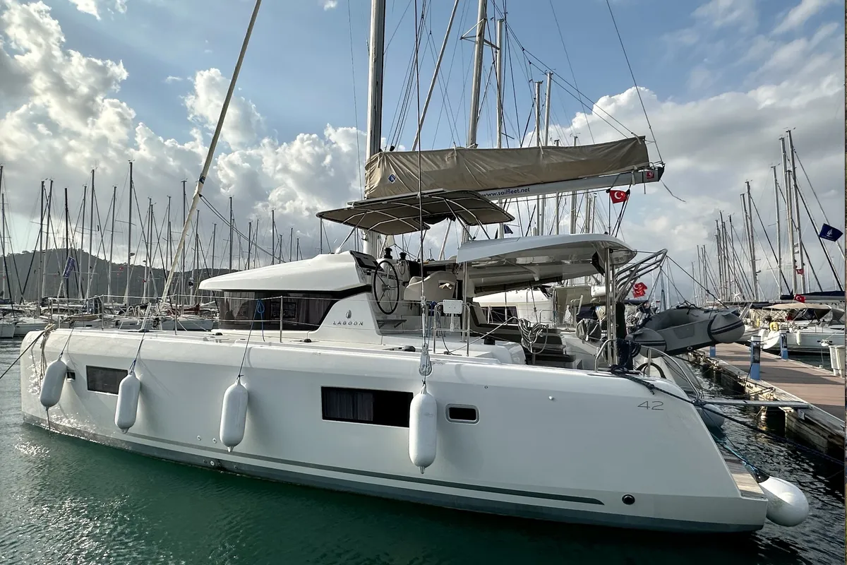 Salon of Sail Arcturus, a Lagoon 42 catamaran at Fethiye, Turkey