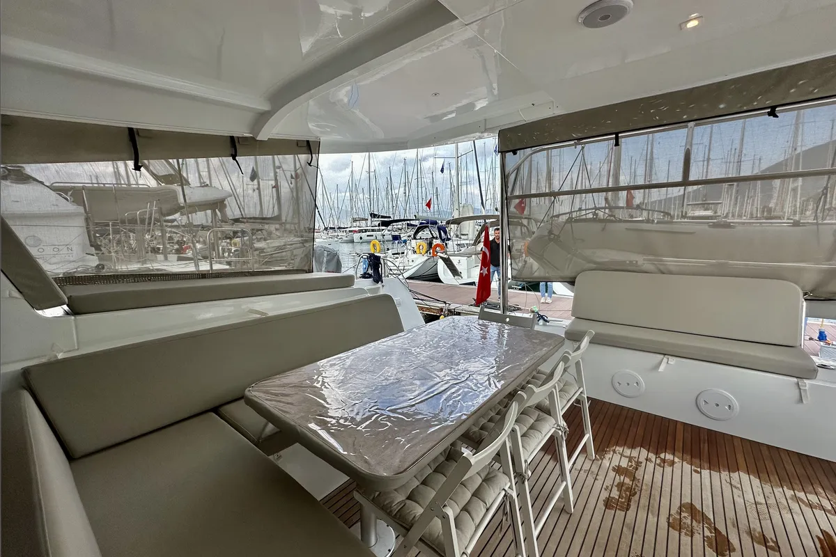 Deck of Sail Arcturus, a Lagoon 42 catamaran at Fethiye, Turkey