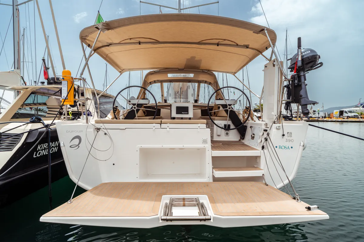 Exterior view of Rosa, a Dufour 390 Grand Large sailboat at Olbia, Italy