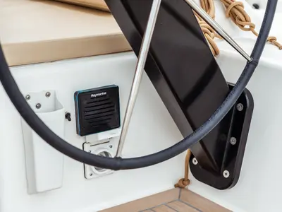 Cockpit of Rosa, a Dufour 390 Grand Large sailboat at Olbia, Italy