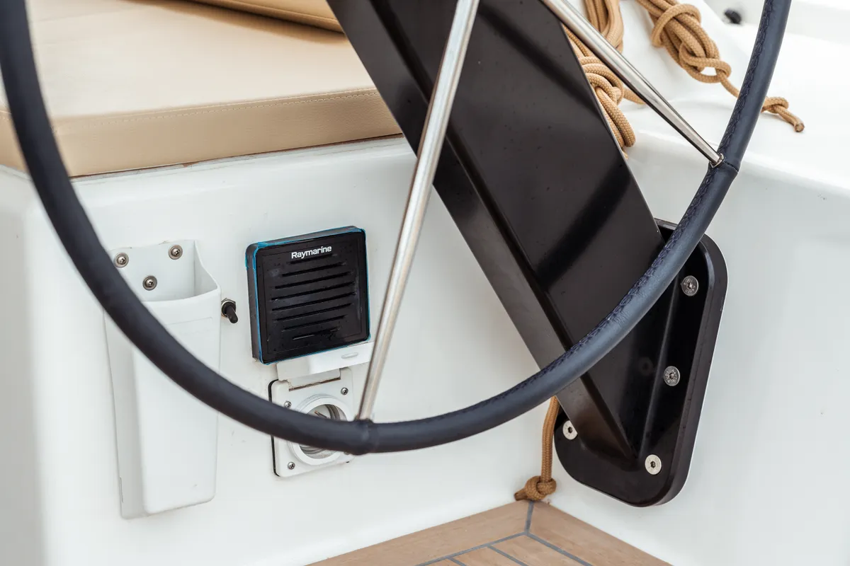 Cockpit of Rosa, a Dufour 390 Grand Large sailboat at Olbia, Italy