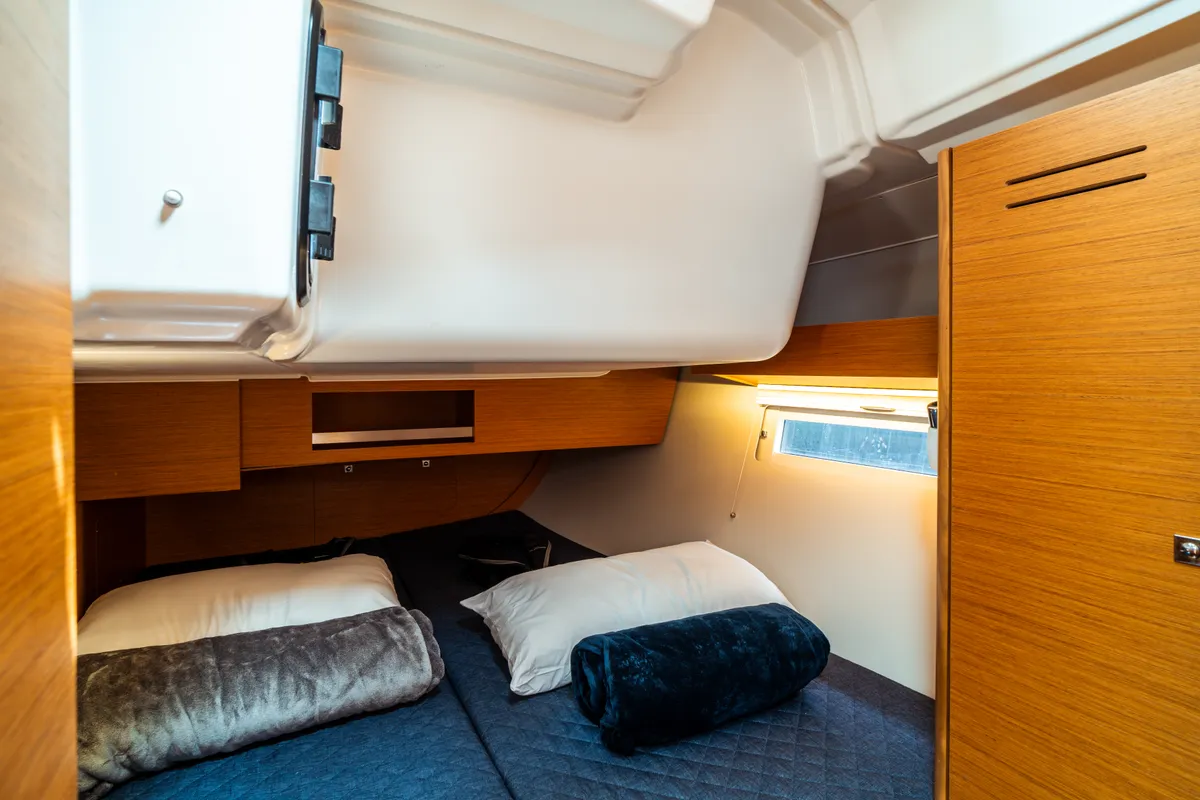 Cabin on Rosa, a Dufour 390 Grand Large sailboat at Olbia, Italy