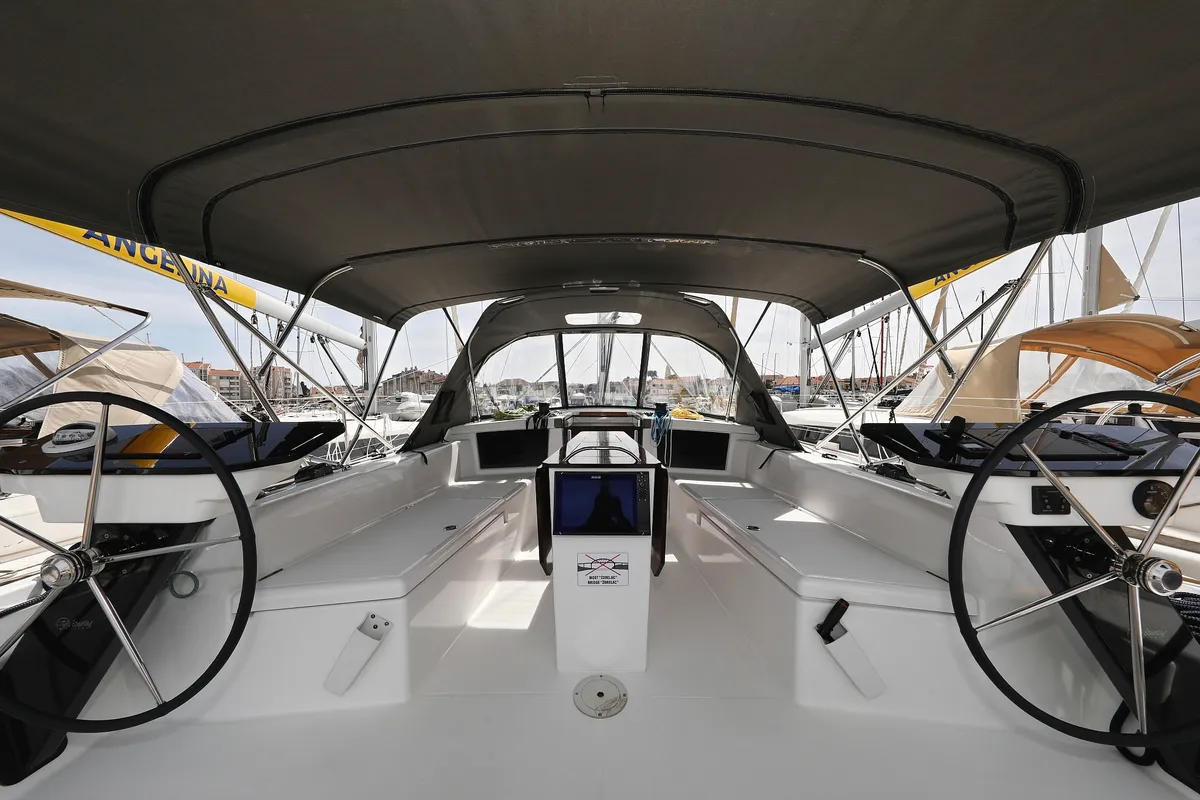Cockpit of Wild Rose, a Dufour 41 sailboat at Primošten, Croatia
