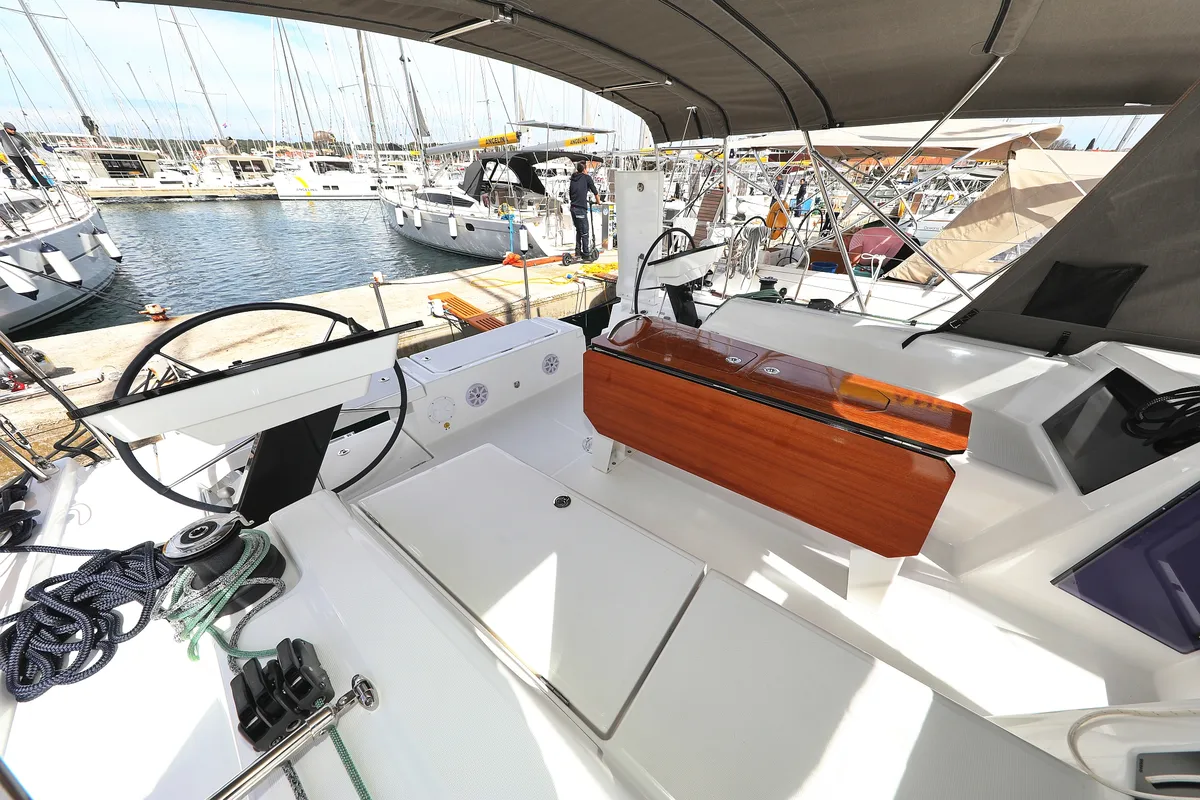 Cockpit of Wild Rose, a Dufour 41 sailboat at Primošten, Croatia