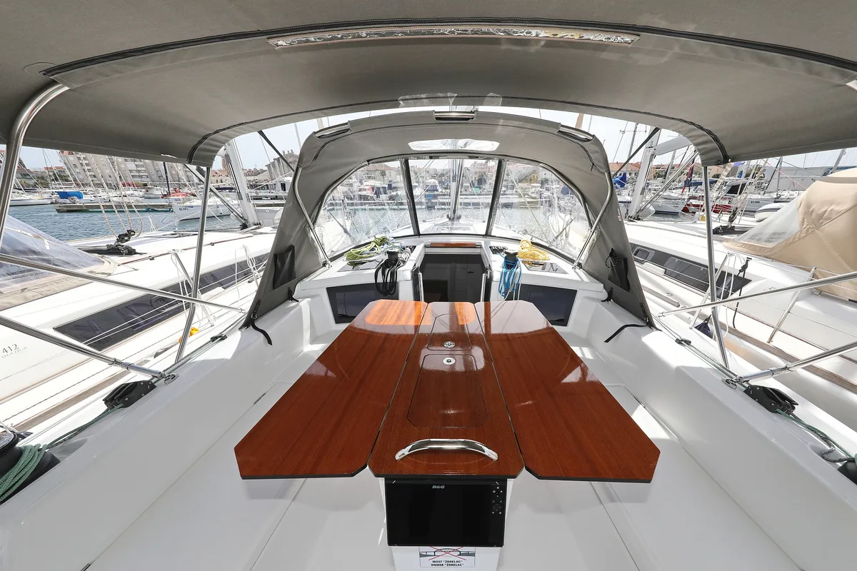 Cockpit of Wild Rose, a Dufour 41 sailboat at Primošten, Croatia