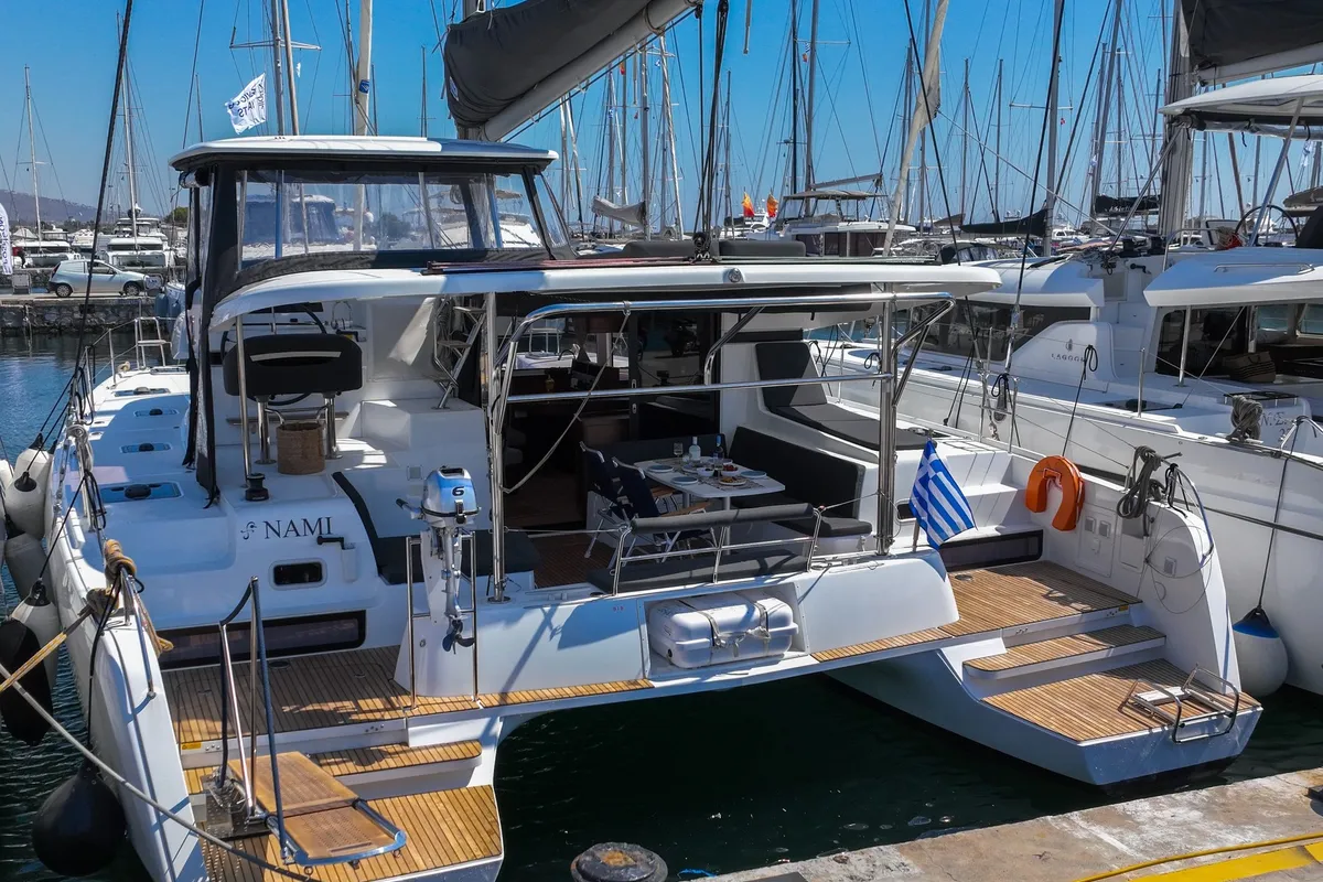 Exterior view of Nami, a Lagoon 42 catamaran at Athens, Greece