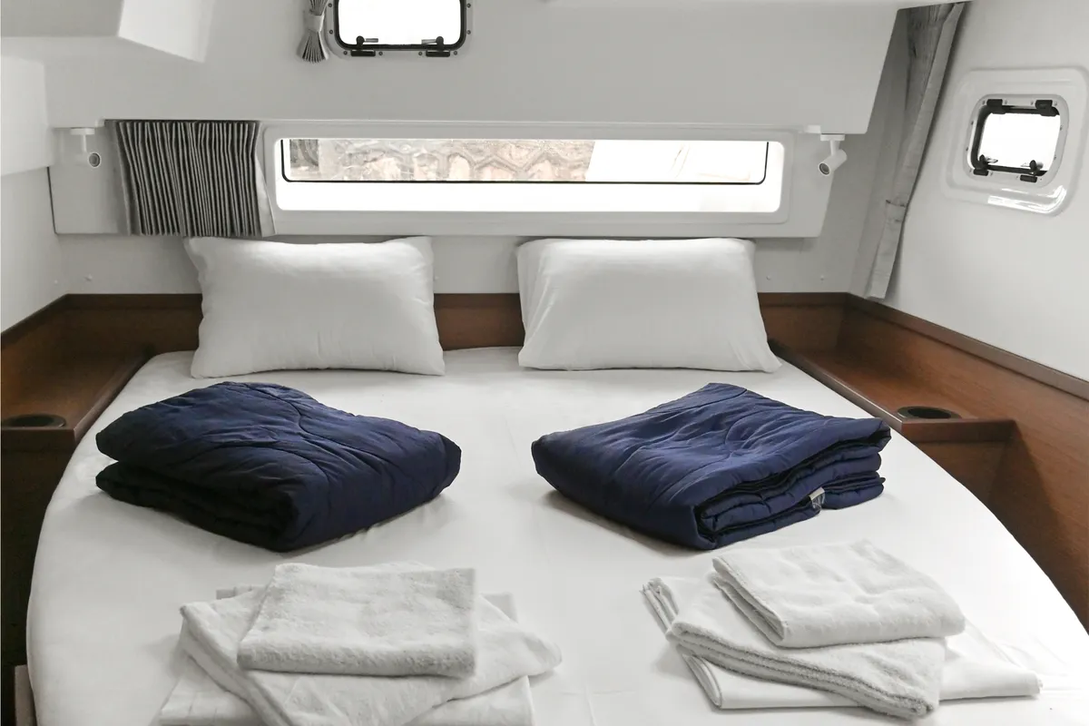 Cabin on Nami, a Lagoon 42 catamaran at Athens, Greece