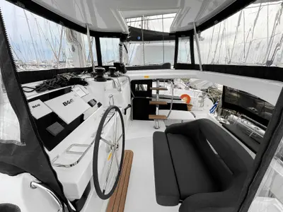 Cockpit of Nami, a Lagoon 42 catamaran at Athens, Greece