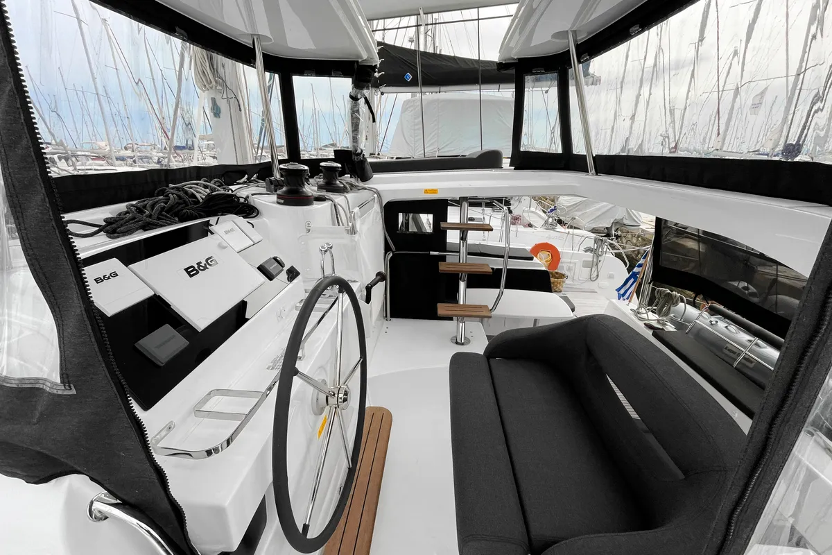 Cockpit of Nami, a Lagoon 42 catamaran at Athens, Greece
