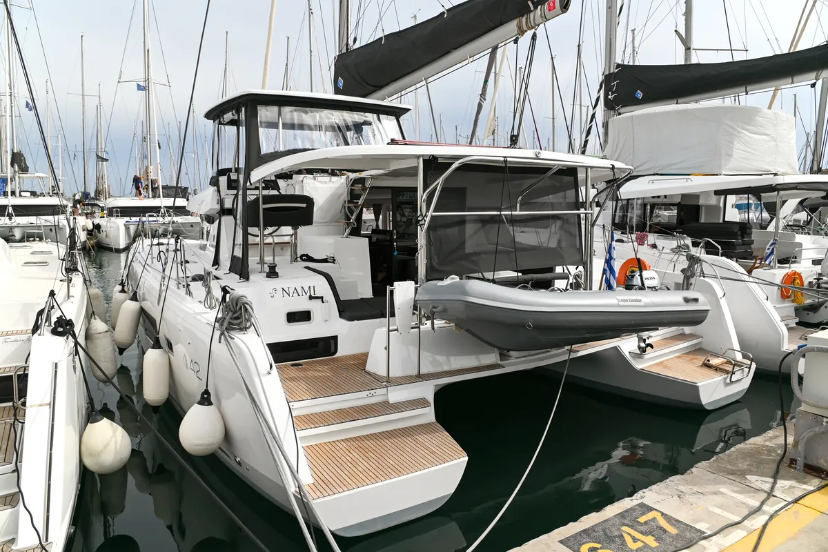 Exterior view of Nami, a Lagoon 42 catamaran at Athens, Greece