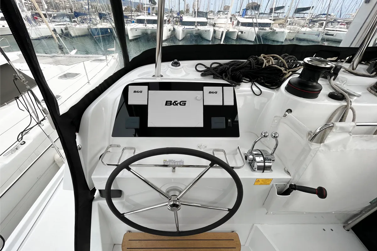 Cockpit of Nami, a Lagoon 42 catamaran at Athens, Greece
