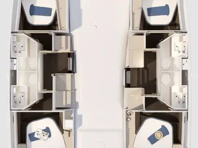 Floor plan of Grace, a Fountaine Pajot FP 41 Quatuor 2 catamaran at Mytikas, Greece