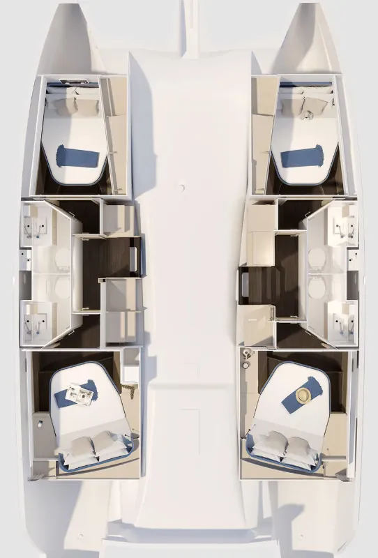Floor plan of Grace, a Fountaine Pajot FP 41 Quatuor 2 catamaran at Mytikas, Greece