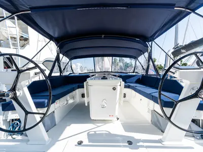 Cockpit of Anfitrite, a Beneteau Oceanis 51.1 sailboat at Castellammare del Golfo, Italy