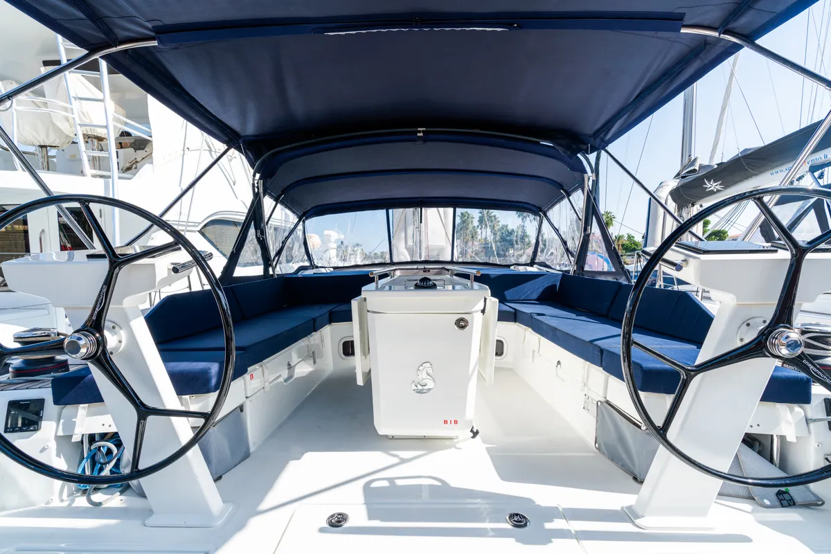 Cockpit of Anfitrite, a Beneteau Oceanis 51.1 sailboat at Castellammare del Golfo, Italy