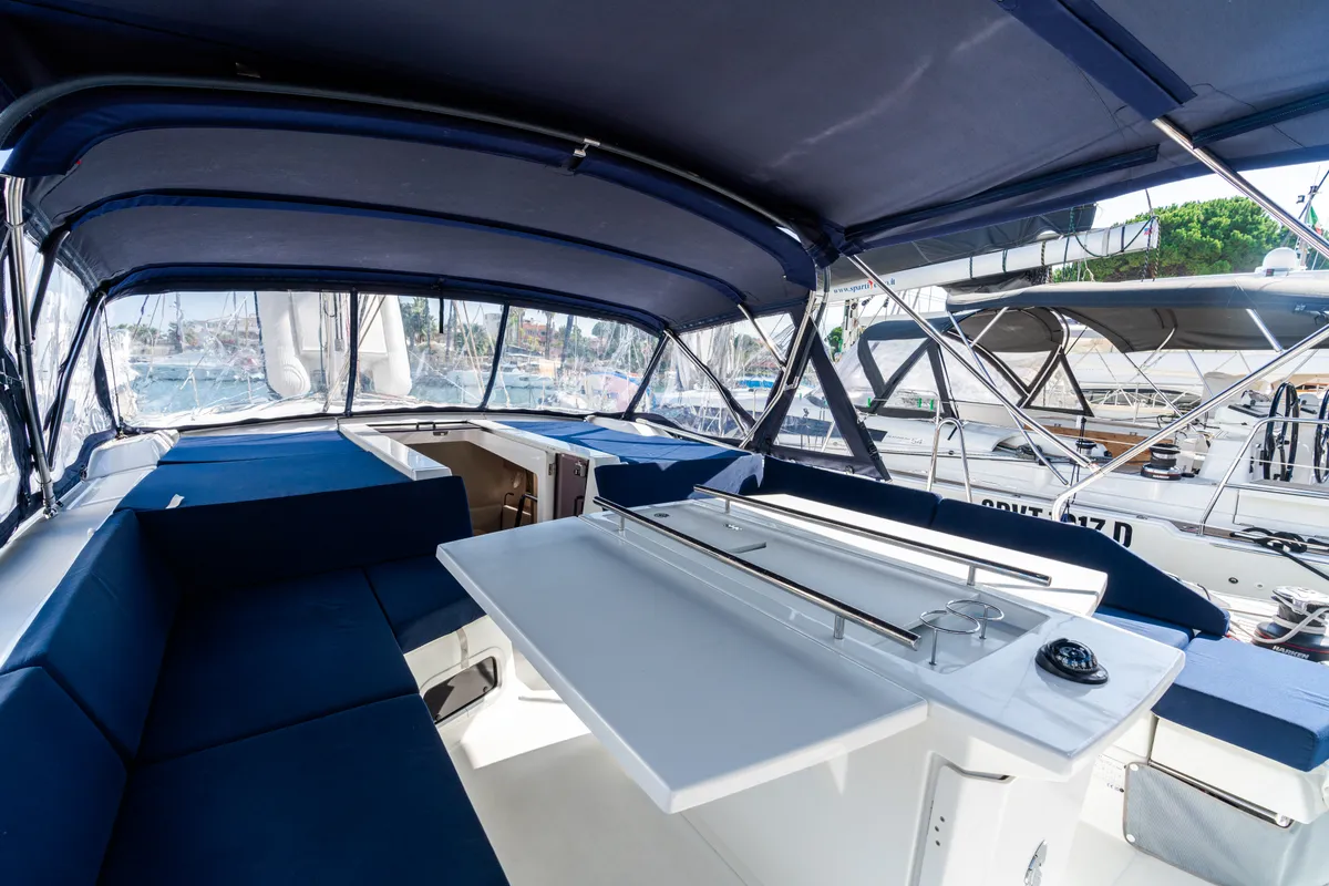 Deck of Anfitrite, a Beneteau Oceanis 51.1 sailboat at Castellammare del Golfo, Italy