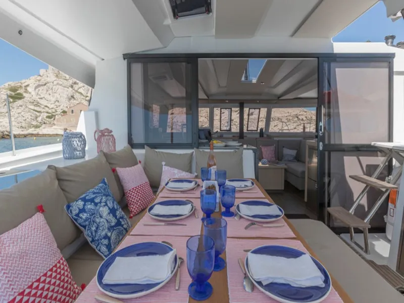 Deck of Orestes, a Fountaine Pajot Astréa 42 catamaran at Municipal Unit of Lefkada, Greece