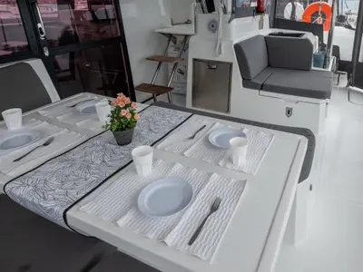 Deck of Orestes, a Fountaine Pajot Astréa 42 catamaran at Municipal Unit of Lefkada, Greece