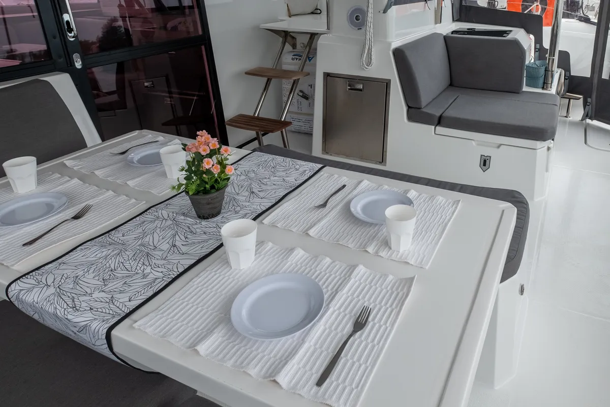 Deck of Orestes, a Fountaine Pajot Astréa 42 catamaran at Municipal Unit of Lefkada, Greece