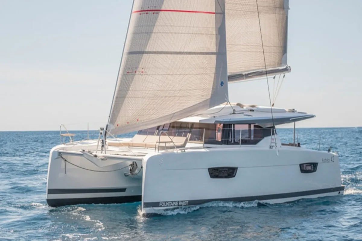 Exterior view of Orestes, a Fountaine Pajot Astréa 42 catamaran at Municipal Unit of Lefkada, Greece
