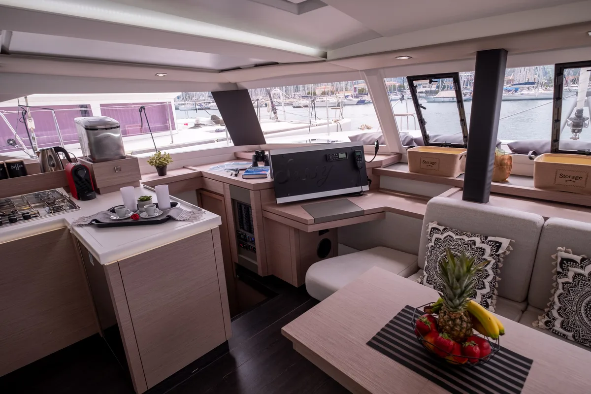 Salon of Orestes, a Fountaine Pajot Astréa 42 catamaran at Municipal Unit of Lefkada, Greece