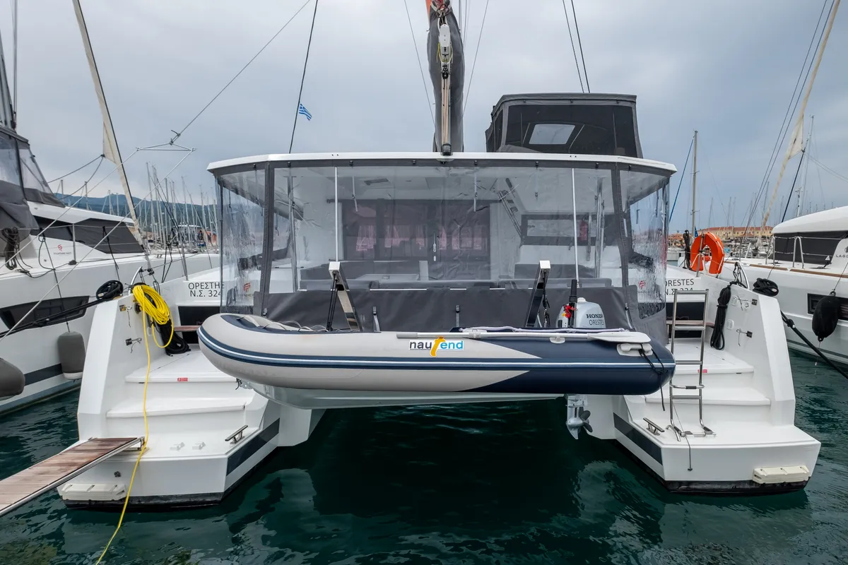 Exterior view of Orestes, a Fountaine Pajot Astréa 42 catamaran at Municipal Unit of Lefkada, Greece