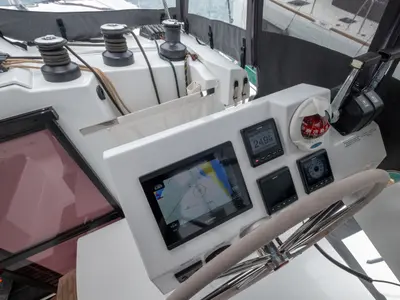 Cockpit of Orestes, a Fountaine Pajot Astréa 42 catamaran at Municipal Unit of Lefkada, Greece
