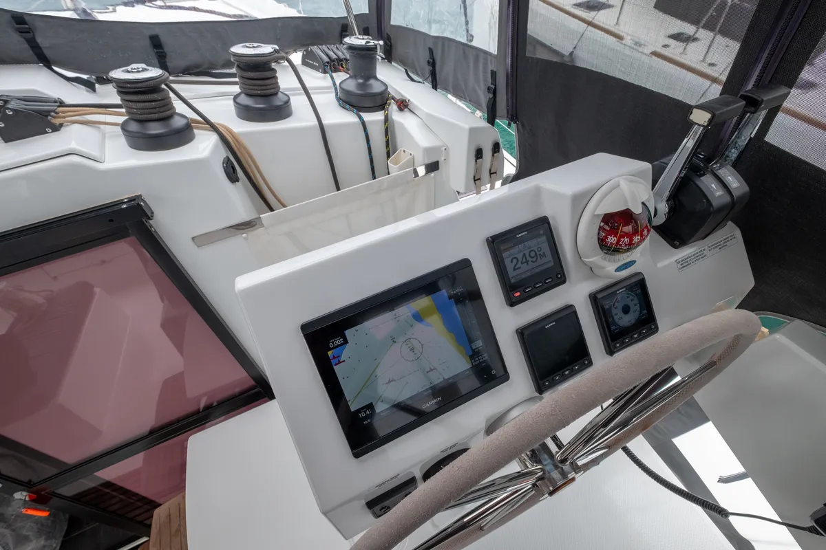 Cockpit of Orestes, a Fountaine Pajot Astréa 42 catamaran at Municipal Unit of Lefkada, Greece