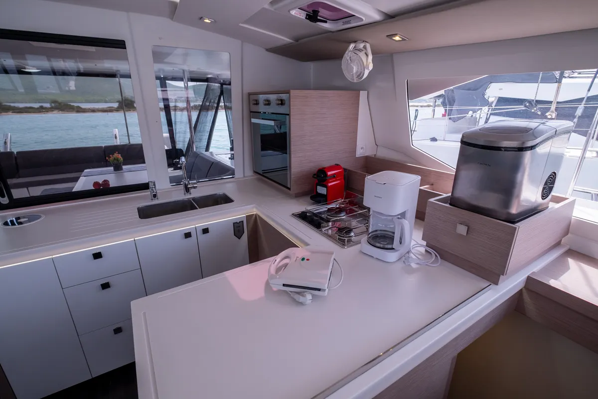 Galley of Orestes, a Fountaine Pajot Astréa 42 catamaran at Municipal Unit of Lefkada, Greece