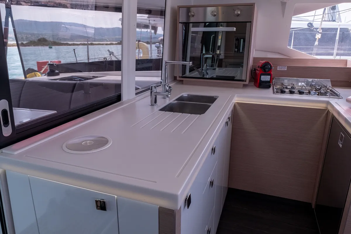 Galley of Orestes, a Fountaine Pajot Astréa 42 catamaran at Municipal Unit of Lefkada, Greece