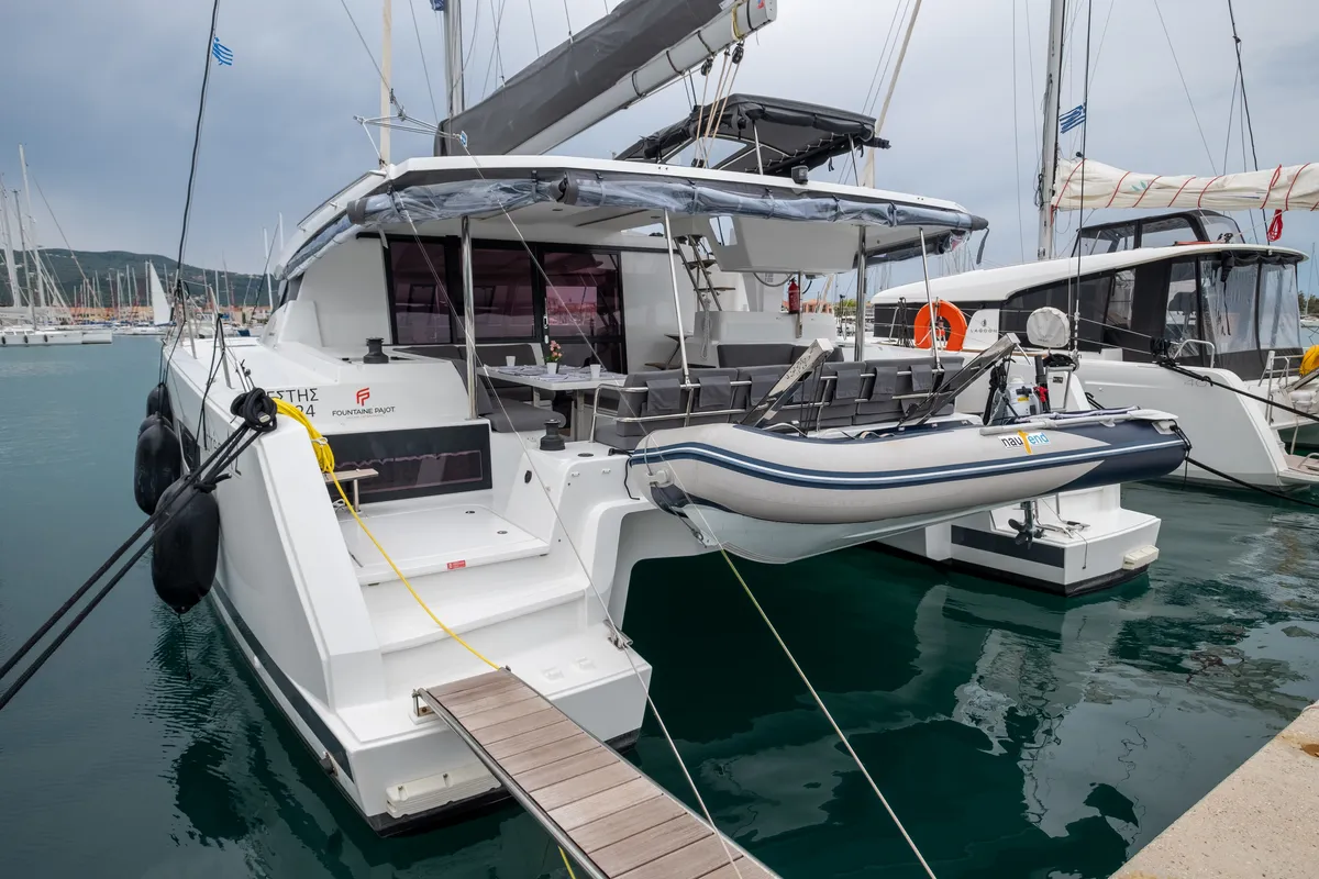 Exterior view of Orestes, a Fountaine Pajot Astréa 42 catamaran at Municipal Unit of Lefkada, Greece