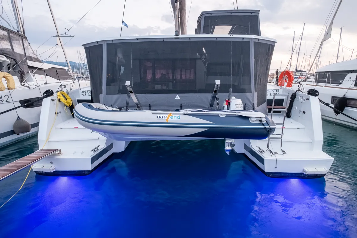 Exterior view of Orestes, a Fountaine Pajot Astréa 42 catamaran at Municipal Unit of Lefkada, Greece