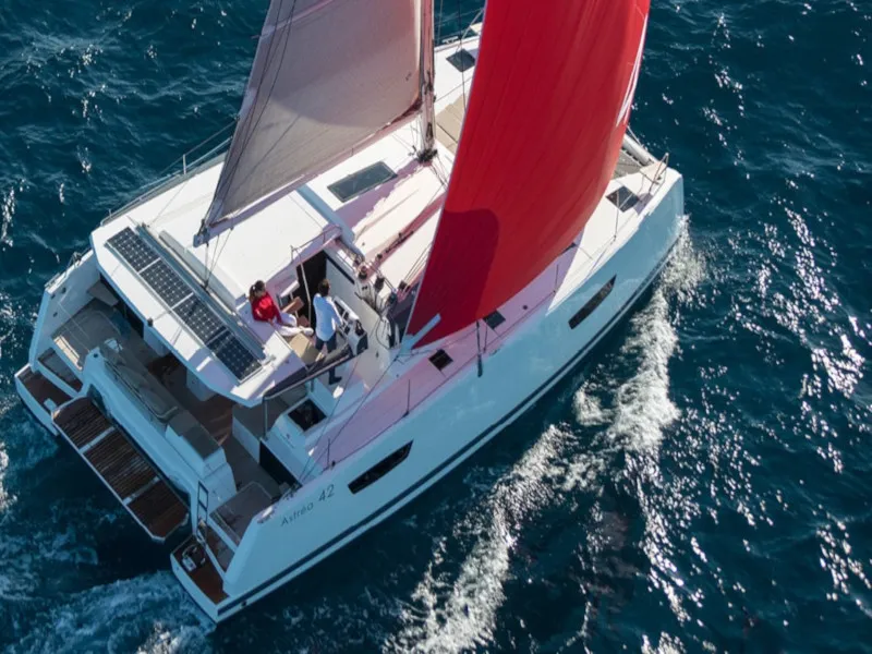 Exterior view of Orestes, a Fountaine Pajot Astréa 42 catamaran at Municipal Unit of Lefkada, Greece