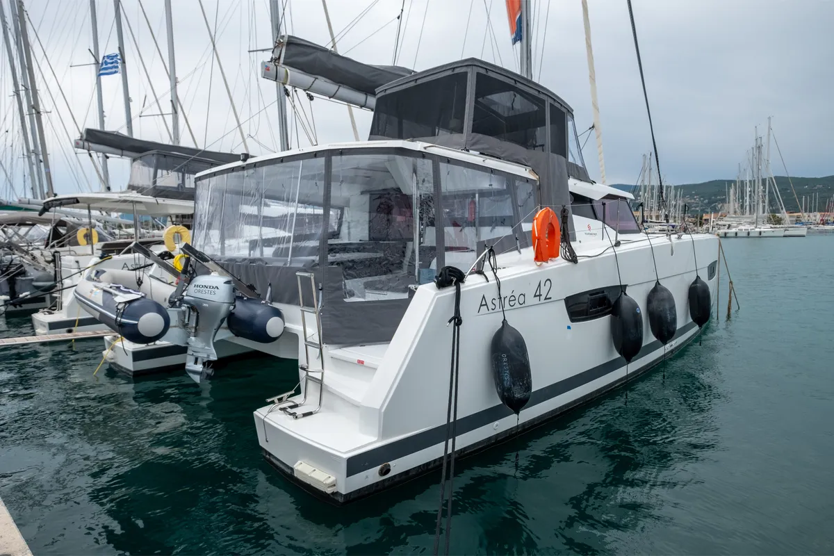 Exterior view of Orestes, a Fountaine Pajot Astréa 42 catamaran at Municipal Unit of Lefkada, Greece