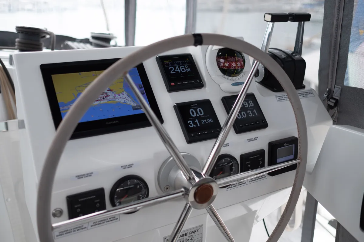 Cockpit of Orestes, a Fountaine Pajot Astréa 42 catamaran at Municipal Unit of Lefkada, Greece