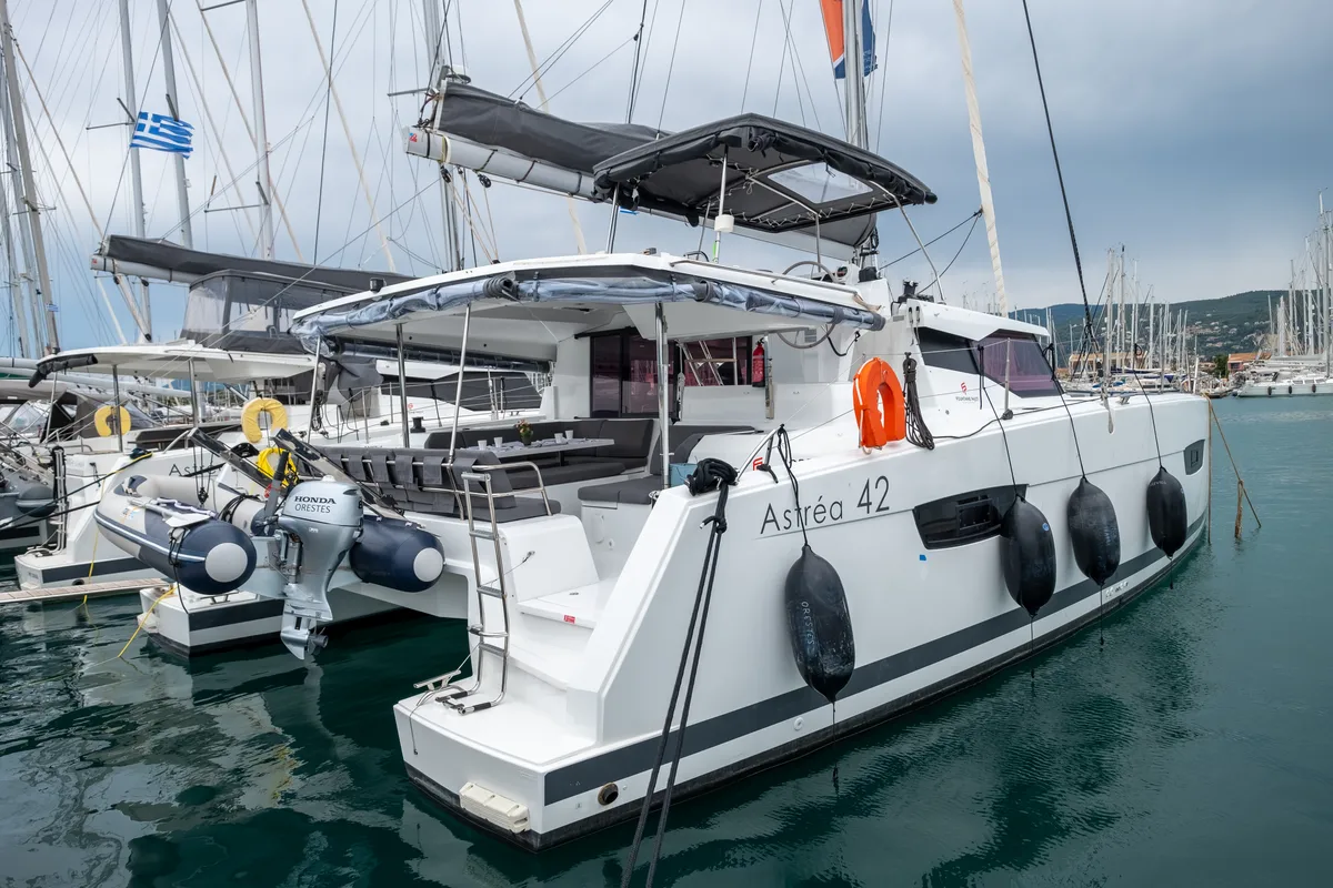 Exterior view of Orestes, a Fountaine Pajot Astréa 42 catamaran at Municipal Unit of Lefkada, Greece
